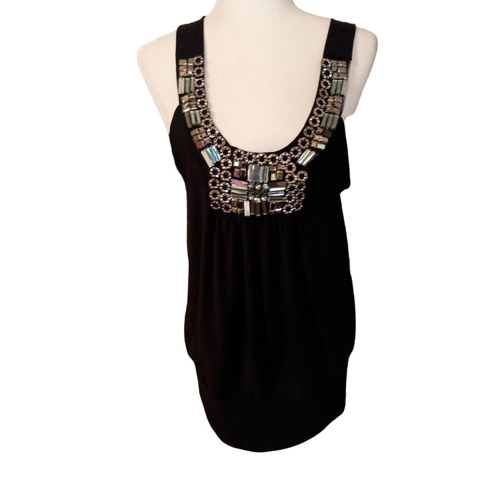 Spring Street Solid Black Sleeveless Scoop Neckline Silver beading Top